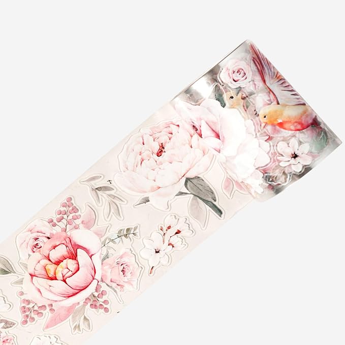 WT Pre-Cut Pink Velvet Wide PET Tape, Single Roll, Original Designs, Transparent Floral Adhesive, Durable Decorative Clear Tape for Journaling, Scrapbook, Planner, DIY Crafts, Bujo Supplies, 60mm×5m