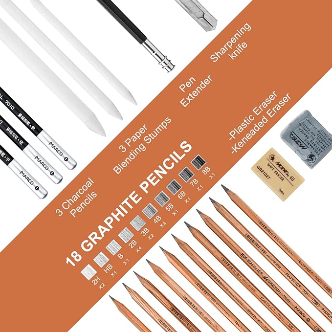 YunQiDeer Drawing Pencils Art Supplies for Beginners & Adults | Professional Charcoal & Graphite, Sketching Pencil Kit for Blending Shading