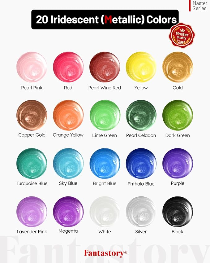 Fantastory 60ml 20 Colors Metallic Acrylic Paint Set with 12 Brushes | Professional Series, Color-Shifting, Perfect for Metal, Canvas, Rock, Stone, Ceramic, Model, Wood Painting
