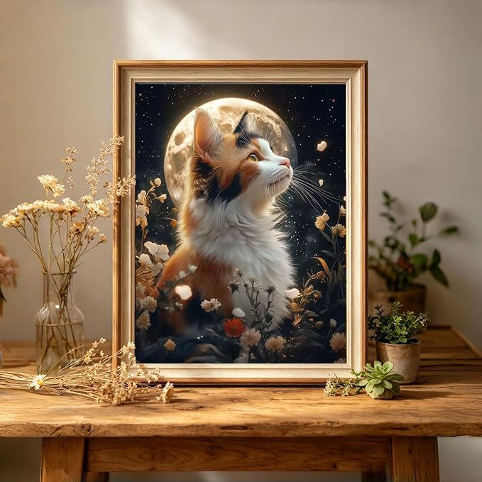 Moon Cat 5D Diamond Painting Kit, Wildflower Diamond Art for Adults | Full Round DrillDiamond Dots Kits Gem Arts DIY Crafts for Home Wall Deco Present Cat Lovers12x16inch