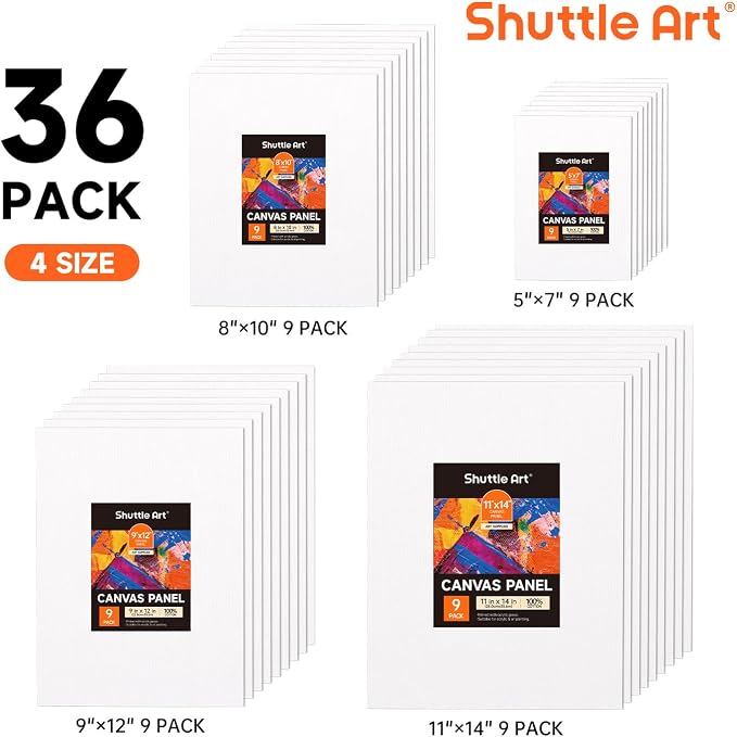 Shuttle Art 36 Pack Canvas for Painting, Multi-Size 5x7/8x10/9x12/11x14 Inch, Primed, 100% Cotton Blank Canvas Boards, Ideal Art Supplies for Kids Adults Acrylic Oil Painting