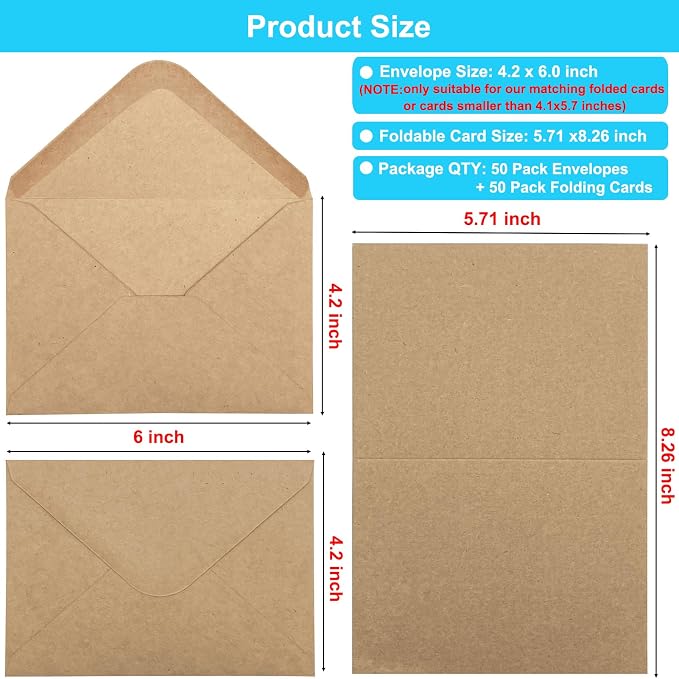 50 Pack Blank Cards and Envelopes 4.2 x 6.0 inches, Brown Blank Note Cards Greeting Cards and Envelopes Set, Folded Cardstock with Envelope for DIY Greeting Card, Thank You Card, Invitations