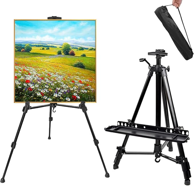Art Easel Aluminum Alloy Portable Extendable Easel with Hand Crank Adjustable to 61.8 '' Drawing Board Holder, Compass, Level and Storage Bag -for Artists, Painters, Sketching, Outdoor Painting