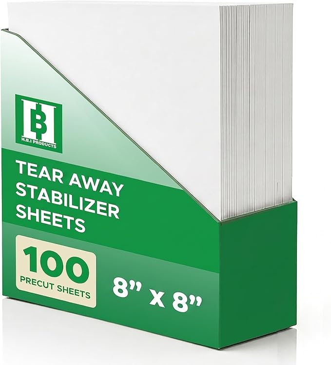 HBI Tear Away Embroidery Stabilizer Sheets, 8 x 8 in, 100 Pack | 1.8 oz tearaway backing, machine and hand embroidery, tears clean, fits all hoops and machines, white, made in USA