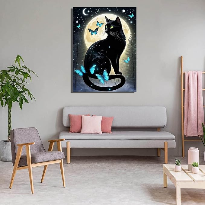 Square Drills Diamond Painting Kits, Black Cat Diamond Art Square 12x16in | Cats Diamond Painting Kit Square Drill, 5D Moon Cat Diamond Art Square Drills Kits for Aldults Home Decor Gifts