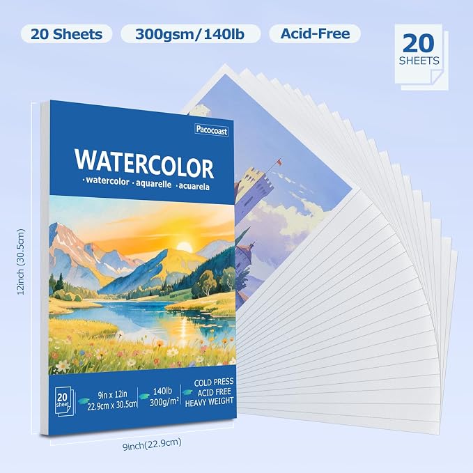 Pacocoast Watercolor Paper Pad, 9"x12" Water Color Paper, 140lb/300gsm Blue