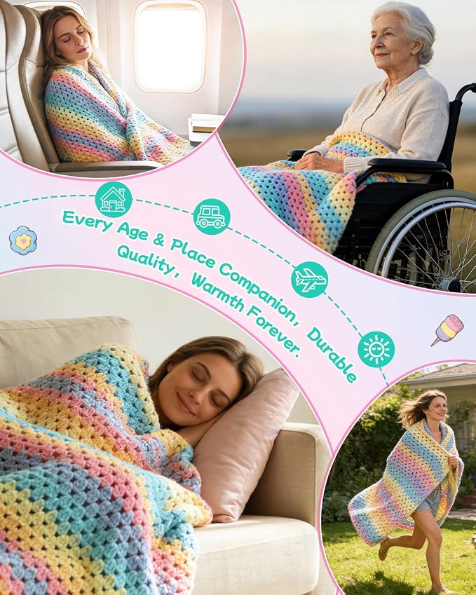Aeelike Crochet Blanket Kit for Beginners,Rainbow Granny Square,Easy Start