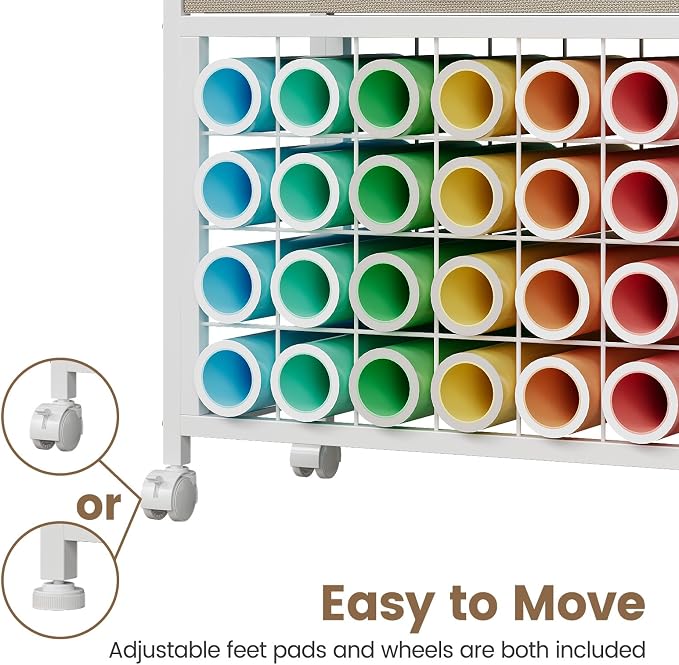 VENNQD Organizer and Storage Stand Compatible with Cricut Machines,Rolling Storage Cart/Shelf with 24 Vinyl Roll Holders，2 Fabric Drawer,Accessories Holder,Tool Hook for Craft Room Home (White Maple)