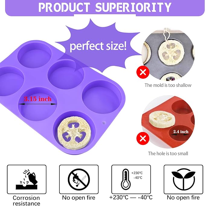 Big Round Silicone Soap Molds, 3 Inch Cylinder Silicone Mold | 6-cavity cylindrical silica gel mold is used to make loofah soap shower steamer bath bomb lotion stick chocolate DIY Crafts