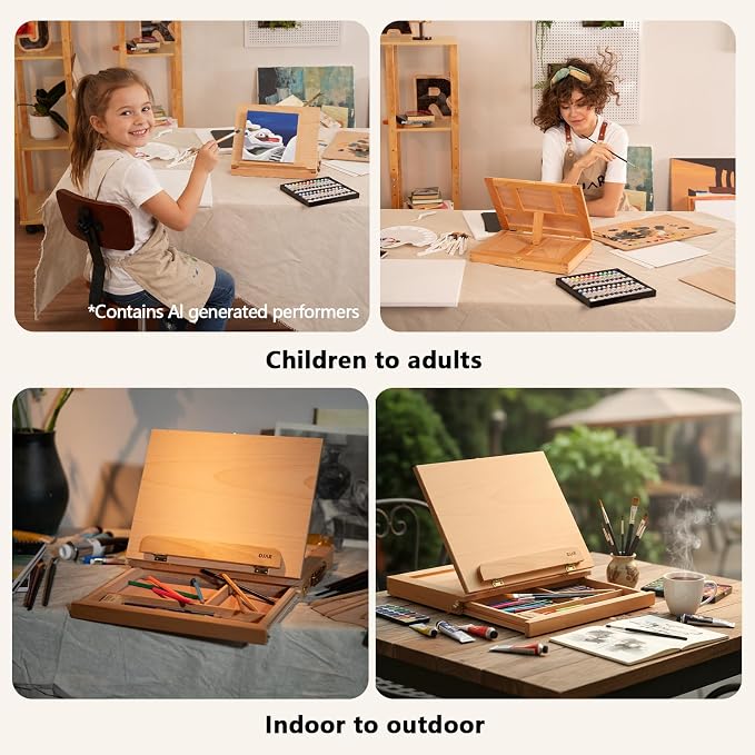 DJAR Tabletop Sketchbox Art Easel with Storage & Palette, Solid Beechwood | Hold Canvas up to 11" x 14", Compact Adjustable & Portable Stand for Painting, Sketching, Drawing and Art Supplies Storage
