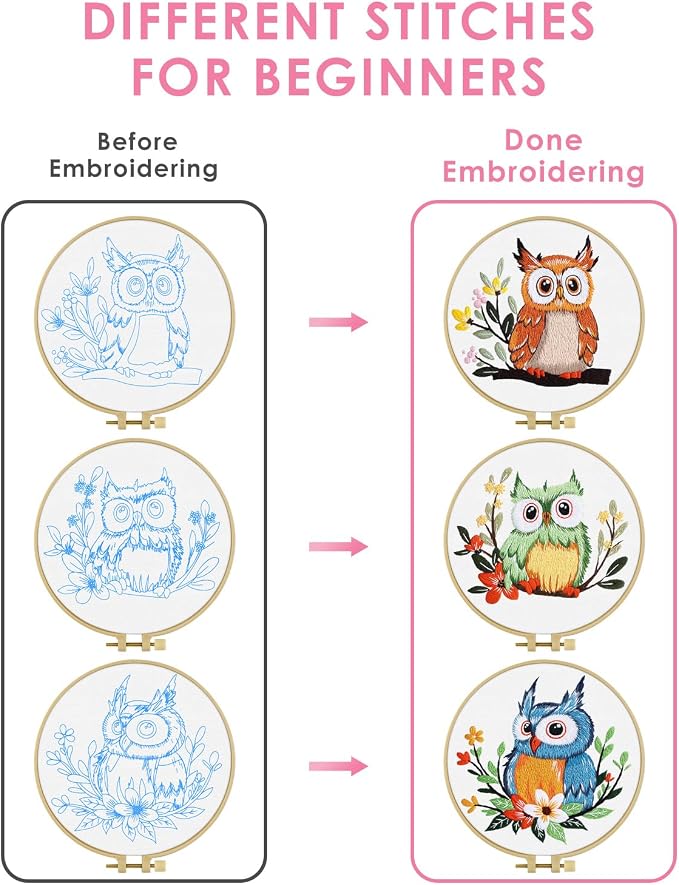 TINDTOP Embroidery Kit for Adults, Owl Embroidery Practice Kit