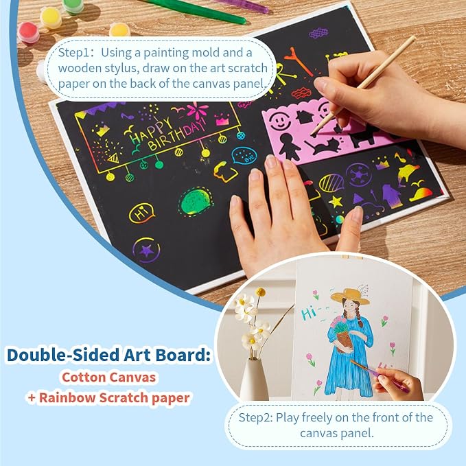 Double-Sided Canvas Boards, 2-Pack 9x12 Inch Scratch Art & Painting Set with 8 Acrylic Paints, 3 Brushes, Wooden Stylus & Stencil, Creative Art Kit for DIY Projects & Crafting Fun
