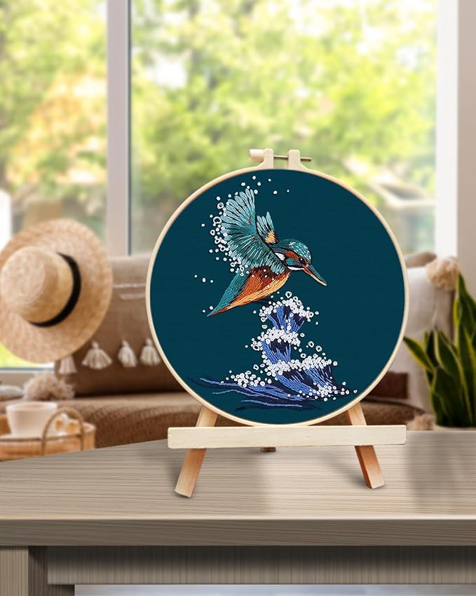 TINDTOP Embroidery Kit for Beginners Adult, Kingfisher Embroidery Kit for Beginners Include Embroidery Cloth Hoops Threads for Craft Lover Hand Stitch with Embroidery Skill Techniques | for Beginners Include Embroidery Cloth Hoops Threads for Craft Lov...