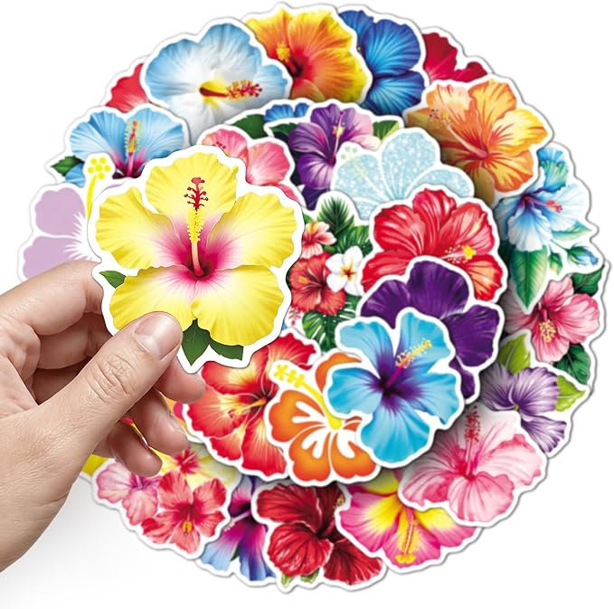 50pcs Aesthetic Hibiscus Stickers, Tropical Flowers Stickers, Hibiscus Flower Aesthetic Decals for Laptop Computer Notebook Scrapbook Water Bottle Waterproof Funny(colours-F15)