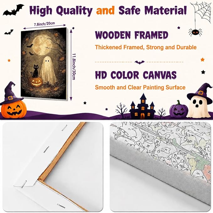 2 Pack Halloween Paint by Numbers Kit for Adults (Ghost&Cat, 8x12inch)