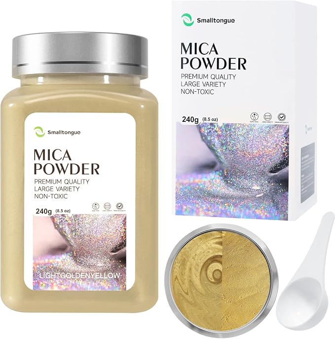 Mica Powder, LightGoldenyellow, 240g with Scoop, Complies with ASTM D-4236 | For Epoxy Resin, Soap, Bath Bomb, Candle| Safety Material| Odorless| Brilliant Colors