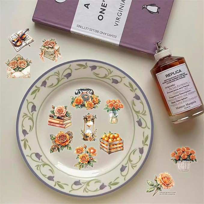 50 Pieces Vintage Orange Rose Floral Transparent Stickers for Scrapbooking, Self-Adhesive Scrapbooking Stickers Supplies Journal Stuffers for Adult Card Making Letters DIY