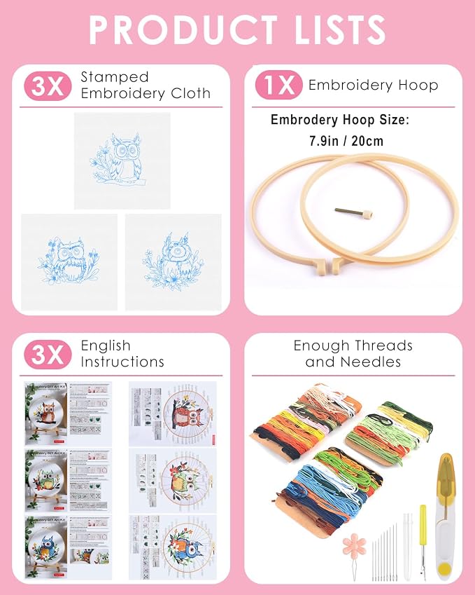 TINDTOP Embroidery Kit for Adults, Owl Embroidery Practice Kit