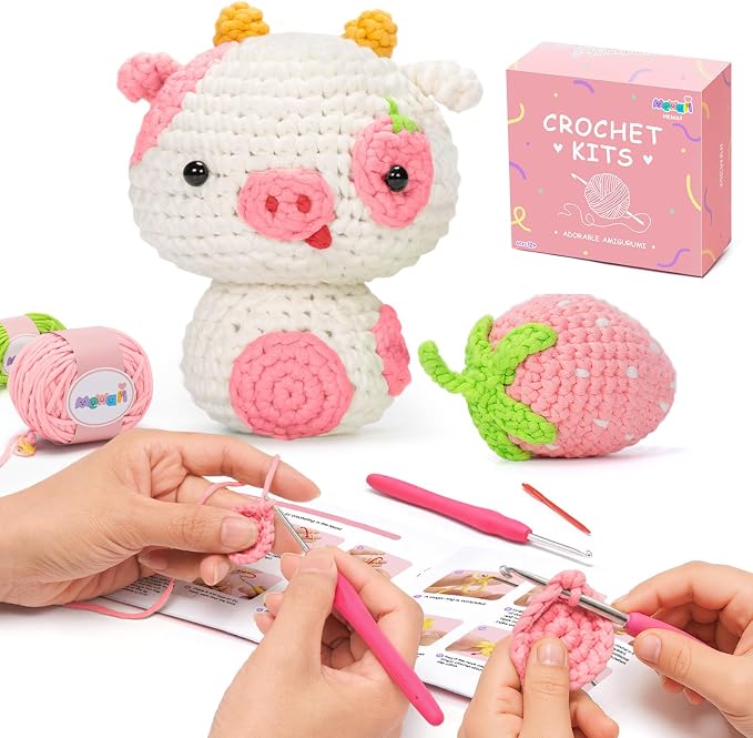 Mewaii Strawberry Cow Crochet Kit for Beginners, 40% Extra Yarn | Video Tutorial, Pre-Started Piece, Gift Box, Level 1 Starter Kit, Family Craft for Adults, Kids & Beginners