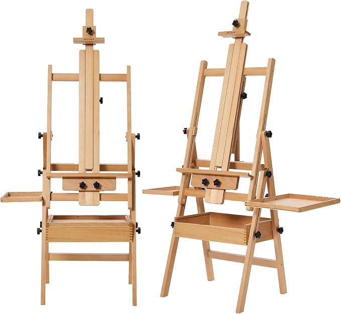 MEEDEN Painting Easel with Storage and Tray: H-Frame Beech Wood Art Easel | Easel Stand for Adults, Artists, Students, Beginners - Adjustable 50"-80" H, Holds Canvas Up to 47 Inches