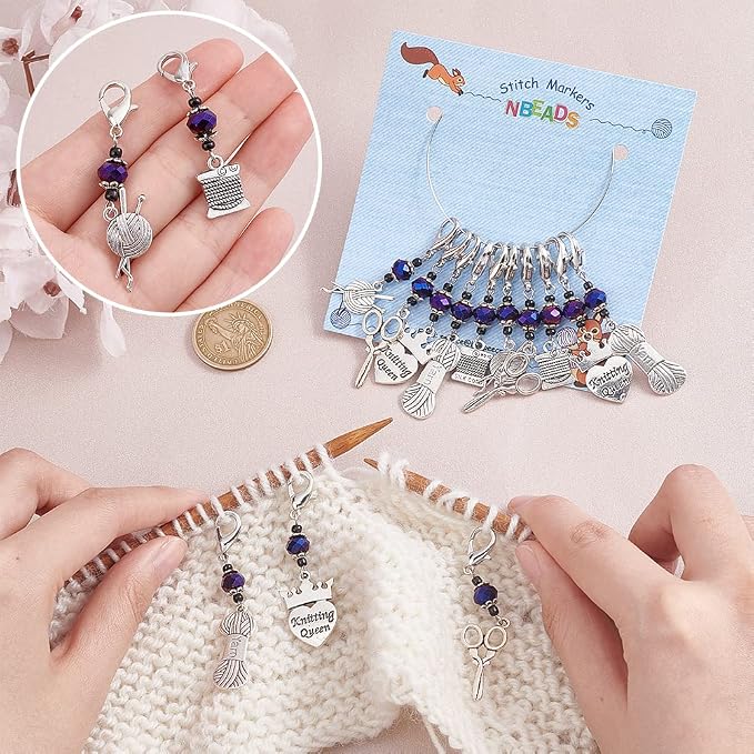 NBEADS 15 Pcs Knitting Stitch Markers, 5 Styles Antique Silver Alloy Crochet Stitch Marker Charms Removable Lobster Clasp Locking Stitch Marker for Knitting Weaving Sewing Accessories