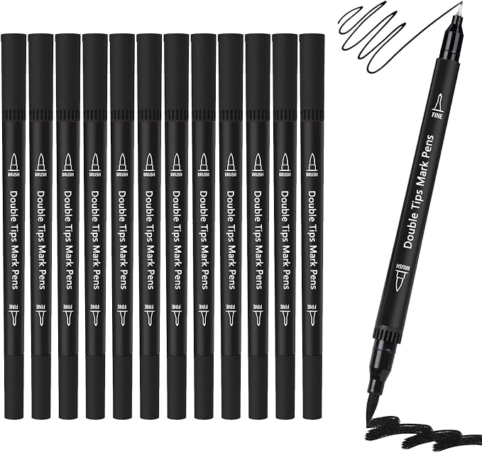Black Double Tip Brush Pens Art Markers,12 Colored Artist Fine Brush Pen Coloring Markers for Adult Drawing Art Craft Kit