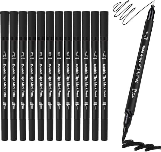 Black Double Tip Brush Pens Art Markers,12 Colored Artist Fine Brush Pen Coloring Markers for Adult Drawing Art Craft Kit