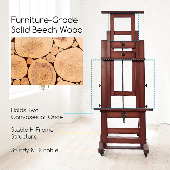 MEEDEN Extra-Large H Frame Easel: Solid Beech Wood Artist Easel for Adults | Professional Heavy Duty Easel with Crank, Movable and Tilting Flat Art Easel Stand for Canvas up to 76.7", Deep Walnut