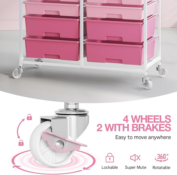 TOOLF 12 Drawers Rolling Storage Cart with Wooden Top for Classroom,Pink | Teacher Cart Craft Art Supply Organizer, Utility Cart with Lockable Wheels for Home Household Essentials, Office Organization