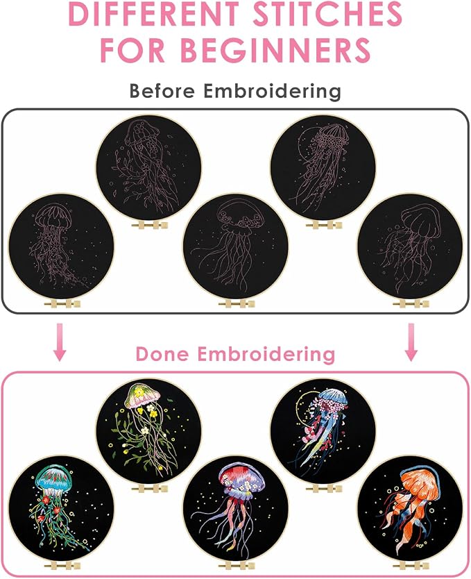 TINDTOP 5 Pack Embroidery Kit for Adult, Embroidery DIY Starter Kit | for Beginners Include Embroidery Cloth Hoops Threads for Craft Lover Hand Stitch with Embroidery Skill Techniques