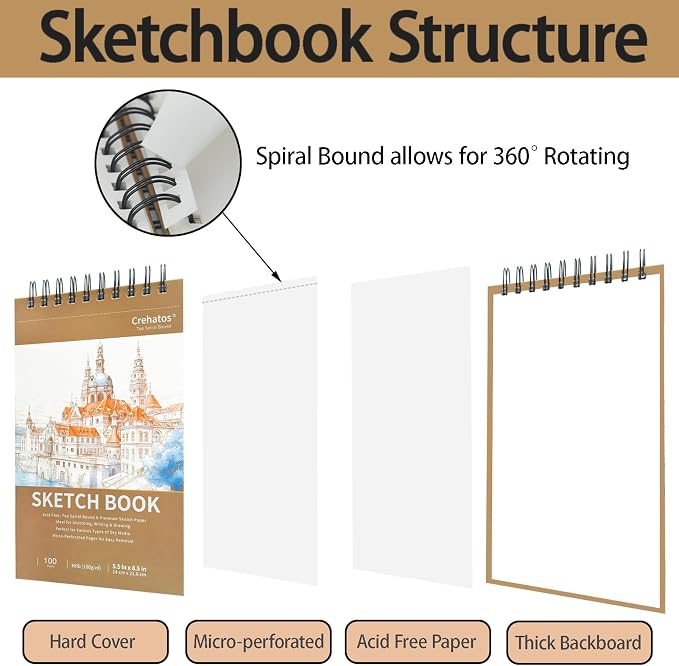 Crehatos 5.5" x 8.5" Small Sketch Book, Top Spiral Bound Sketch Pad, 100 Sheets Each 68lb/100gsm Drawing Paper, 2 Pack | Top Spiral Bound Sketch Pad, 68lb/100gsm Drawing Paper for Dry Media