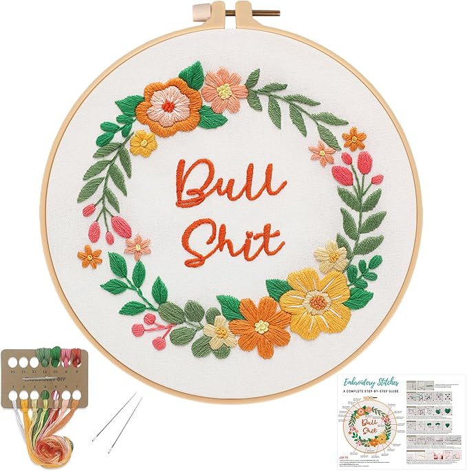 Louise Maelys Funny Flower Wreath Embroidery Kit for Beginners, DIY Craft | Floral Needlepoint Kit with Pre-Printed Fabric, Hoop, Threads, Needles and Guide. Cross Stitch Starter Kit for Adults