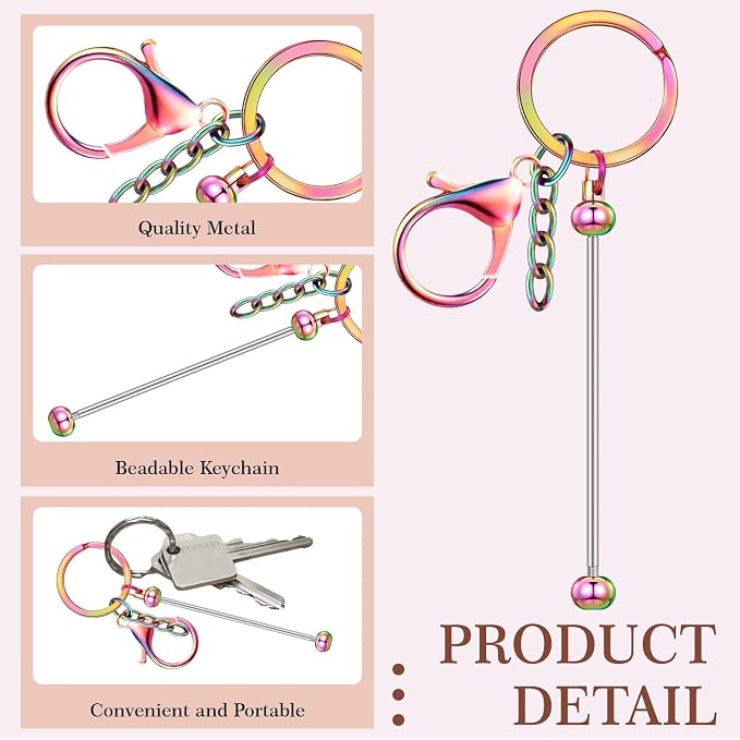 Huwena 6 Pcs Beadable Keychain Bars Metal Blanks DIY Crafts Jewelry Gift