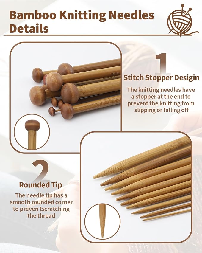 9 Pairs Bamboo Knitting Needles Set with 6 Stitch Holders, 2-10mm Single Point Wooden Knitting Needles, 10in Long for Scarves, Hats, Beginners, Complete Knitting Accessories Kit