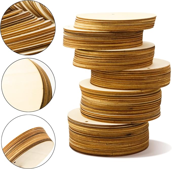 FSWCCK 100 PCS 4 Inch Wood Circles for Crafts – Round Blank Discs with Holes, Unfinished Wooden Cutouts for DIY, Painting, Staining, Coasters,Laser Engraving Sign Blanks, Ornament (4inch-100 Pack)