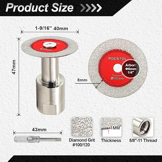 Mini Diamond Glass Cutting Disc - FOCSTOL 5pcs 1-9/16 Inch(40mm) Saw Blade and 1pc 5/8''-11 Flange for Glass Jade Marble Granite Artificial Stone Porcelain Tile Ceramic