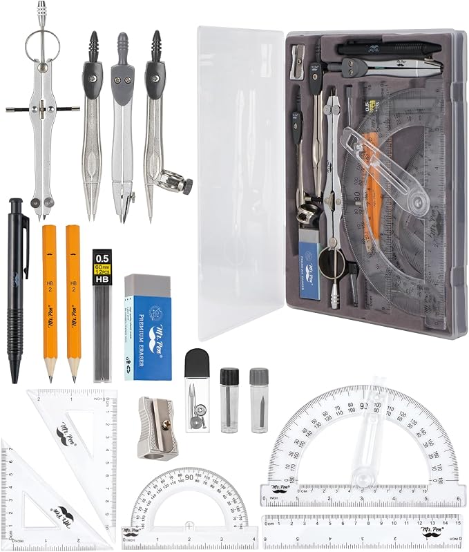 Mr. Pen- Geometry Set, 15 Piece Set with 6 Inch Swing Arm Protractor | IncludesMetal Divider, Set Squares, Ruler, Compasses for Math for Drafting & School Supplies
