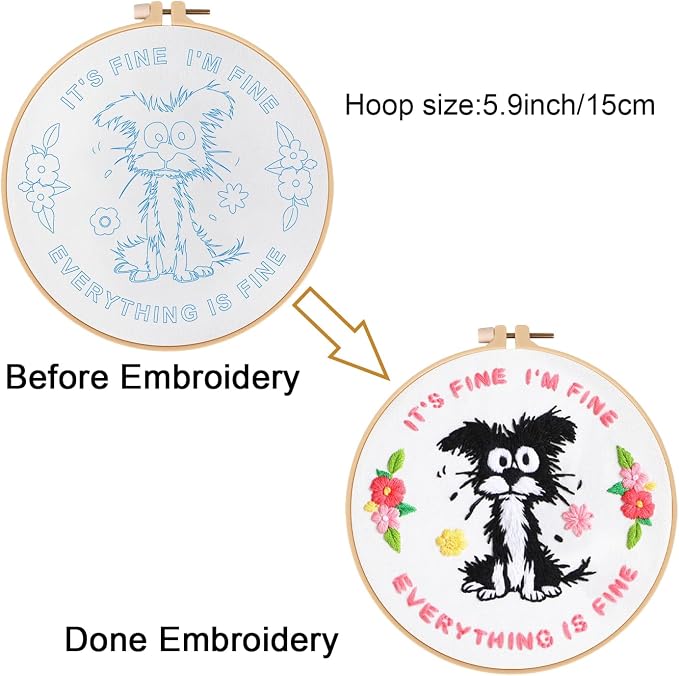 Louise Maelys Funny Dog Embroidery Kit for Beginners Floral Craft | Cross Stitch Kits with Pre-Printed Fabric, Embroidery Hoop, Threads, Needles and Guide. Needlepoint Kit for Beginners