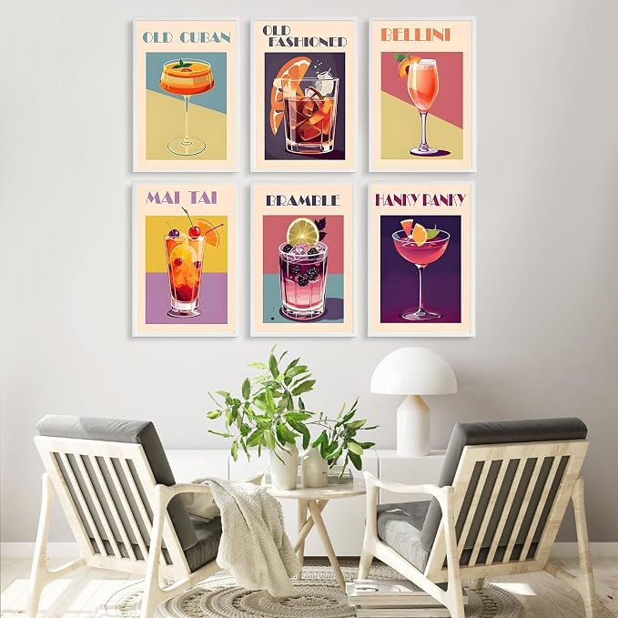 Fountor 6 Pack Paint by Numbers Kit for Adults Beginner, Cocktail Adult Paint by Number Kits on Canvas Without Frame, Cocktail Oil Painting by Numbers for Home Decor Gift 8” W x 12”L