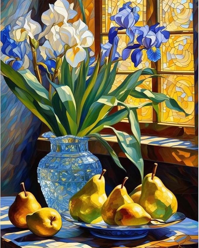 Stained Glass Flower Paint by Numbers Kit for Adults Without Frame 16x20 IN | Flowers Paint by Numbers for Adults Beginner, Fruit DIY Acrylic Painting, Stress Relief Craft Kits, Home Wall Decor Gift