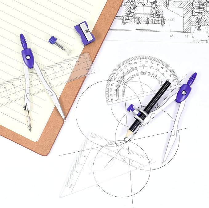 Unjoo Math Geometry Set 10 Pcs, Compass and Protractor for Students(Purple | Shatterproof Storage Box,Rulers,Protractor,Compass,Eraser,Pencil Sharpener,Lead Refills,Pencil,for Classroom, Back to School