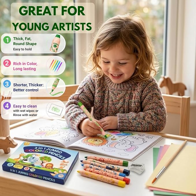 Sparkbright Club Jumbo Colored Pencils for Toddlers Ages 2-4 - 3-in-1 Wooden Pencil, Crayon & Watercolor | 12 Non-Toxic Colors, Break-Resistant 8mm Core, Easy-Grip for Kids & Preschool, Pre-Sharpened