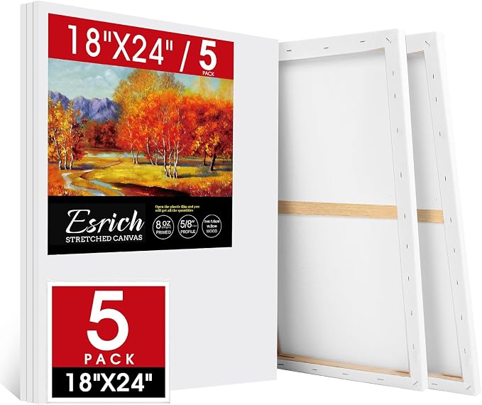 ESRICH Stretched Canvas for Painting 18x24 Inch, 5Pack Large Canvas for Painting, Primed Acid-Free Cotton Blank Canvases, Art Paint Canvases for Oil Paint,Watercolor,Acrylic Paint,Gouache and Tempera.