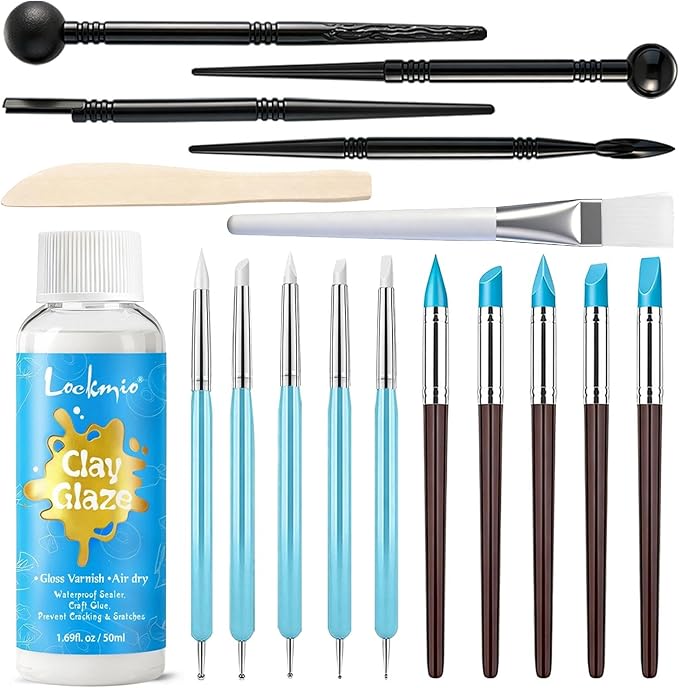 17PCS Silicone Clay Sculpting Tools, Dual-Ended Dotting Tools Set with 1.7 FL OZ Air Dry Clay Glaze for Pottery, Ceramic Modeling, Rock Painting, Art Blending - Ideal for Adults & Kids DIY Crafts