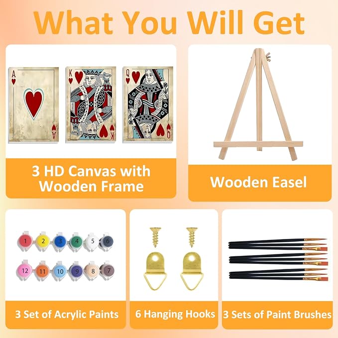 Mandun Poker Paint by Numbers Kit for Adults, 3 Pack, 7.8x11.8 inch | DIY Painting Kits Crafts for Adults, Relieve Stress, Frame Canvas, Wooden Easel, Gift Box, Home Wall Decor