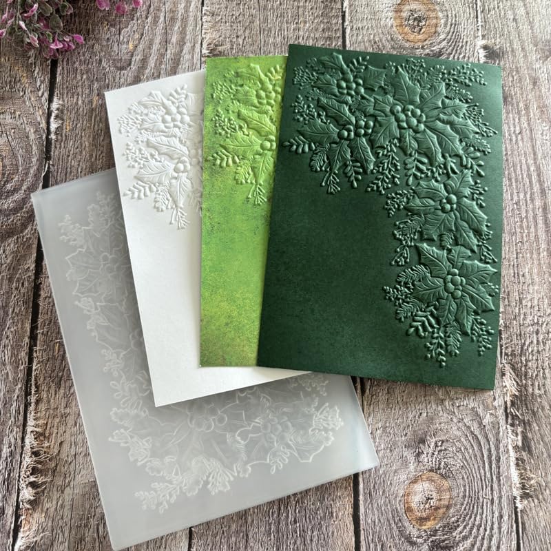 Christmas Holly Berry Leaves 3D Embossing Folder, Winter Foliage Plastic Textured Stencil for DIY Holiday Scrapbooking Card Making Paper Crafts