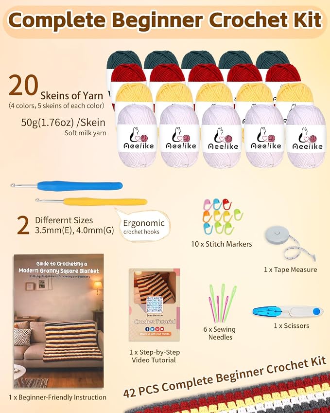 Aeelike Crochet Blanket Kit for Beginners, Colorful Mosaic Stripe,42PCS