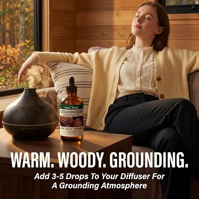 Kukka 100% Pure Cedarwood Essential Oil for Skin, Diffuser, 4 Fl Oz | Cedarwood Oil for Diffuser, Aromatherapy, Bath Blends - GC/MS Tested, Non-GMO, Undiluted Cedarwood-Kukka