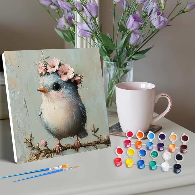 Clendo 4 Pack Bird Paint by Numbers Kit for Adults Beginners Framed - DIY Vintage Adults Paint by Numbers Kits on Canvas with Frame, Small Easy Acrylic Oil Painting for Home Wall Decor (8 x 8 Inch)