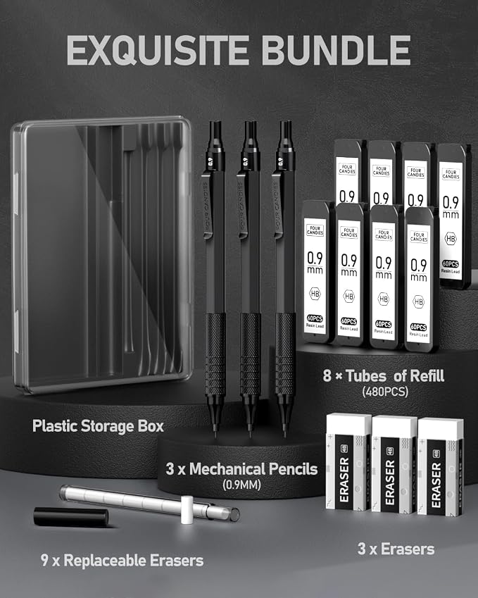 Four Candies Metal Mechanical Pencil Set with Case, 0.9mm, 3PCS, Black